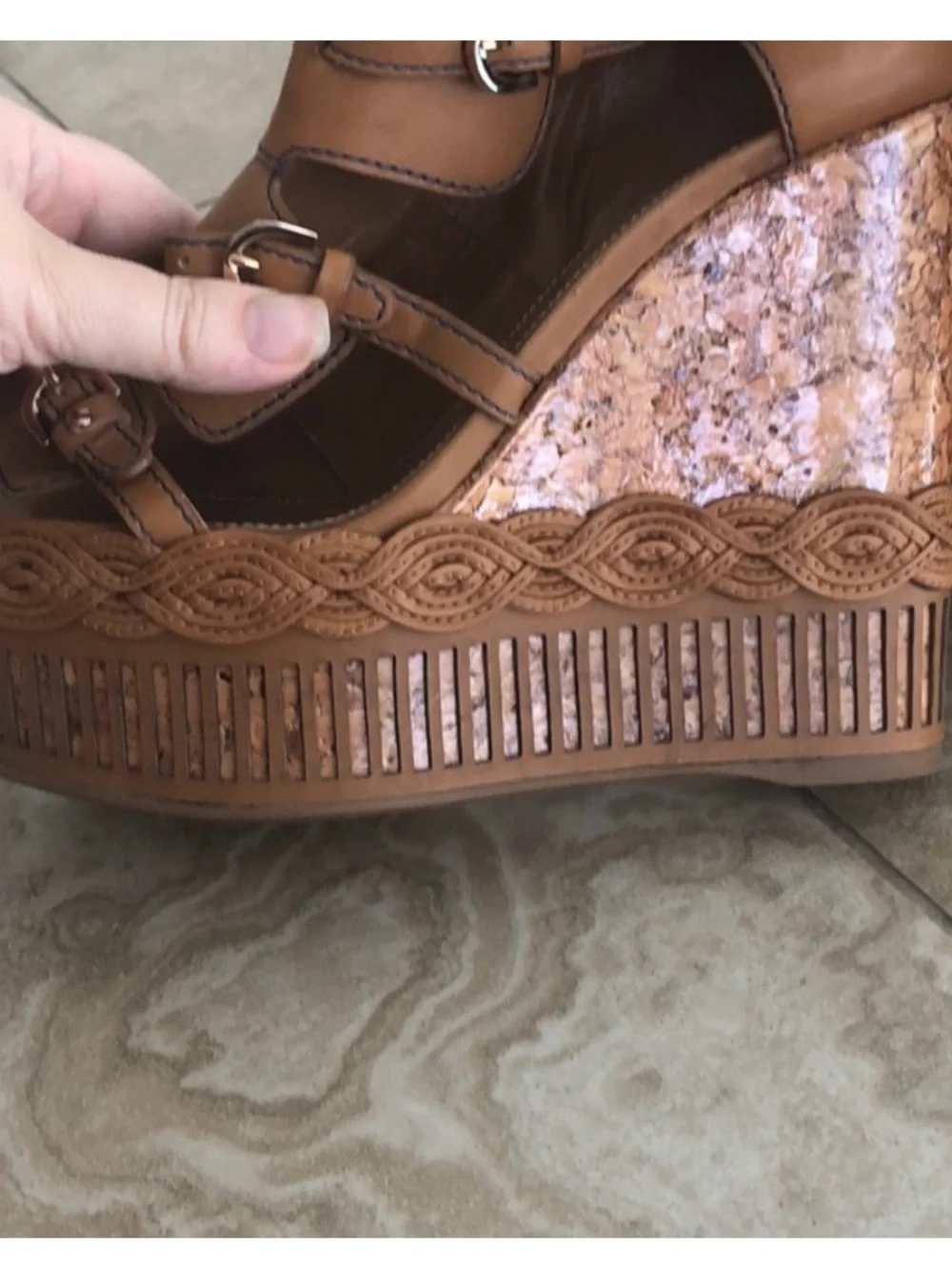 Sergio Rossi Tan Leather Cork Wedge Ankle Boot